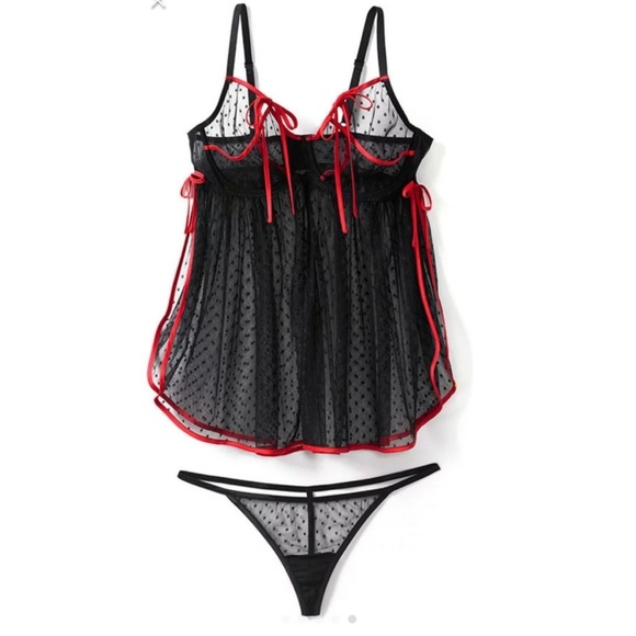 Polka Dot Mesh Lingerie Black Red 2X - Picture 6 of 16